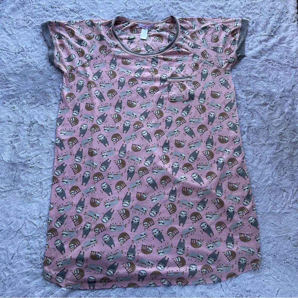 Pillow Talk Pink Short Sleeve Sloth Print Nightgown - Size XL